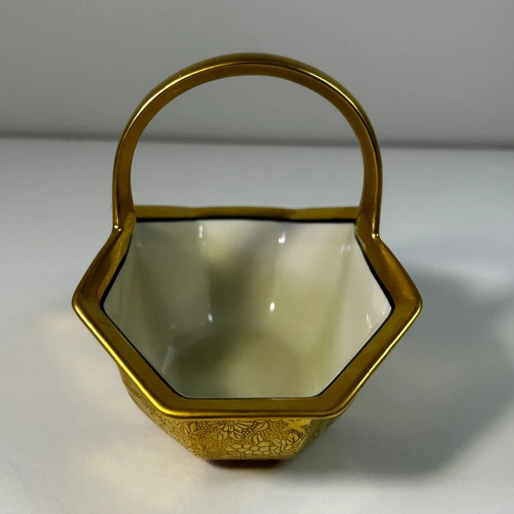 Noritake Japan Gold Encrusted Floral Porcelain Hexagon Basket  Handle Vintage